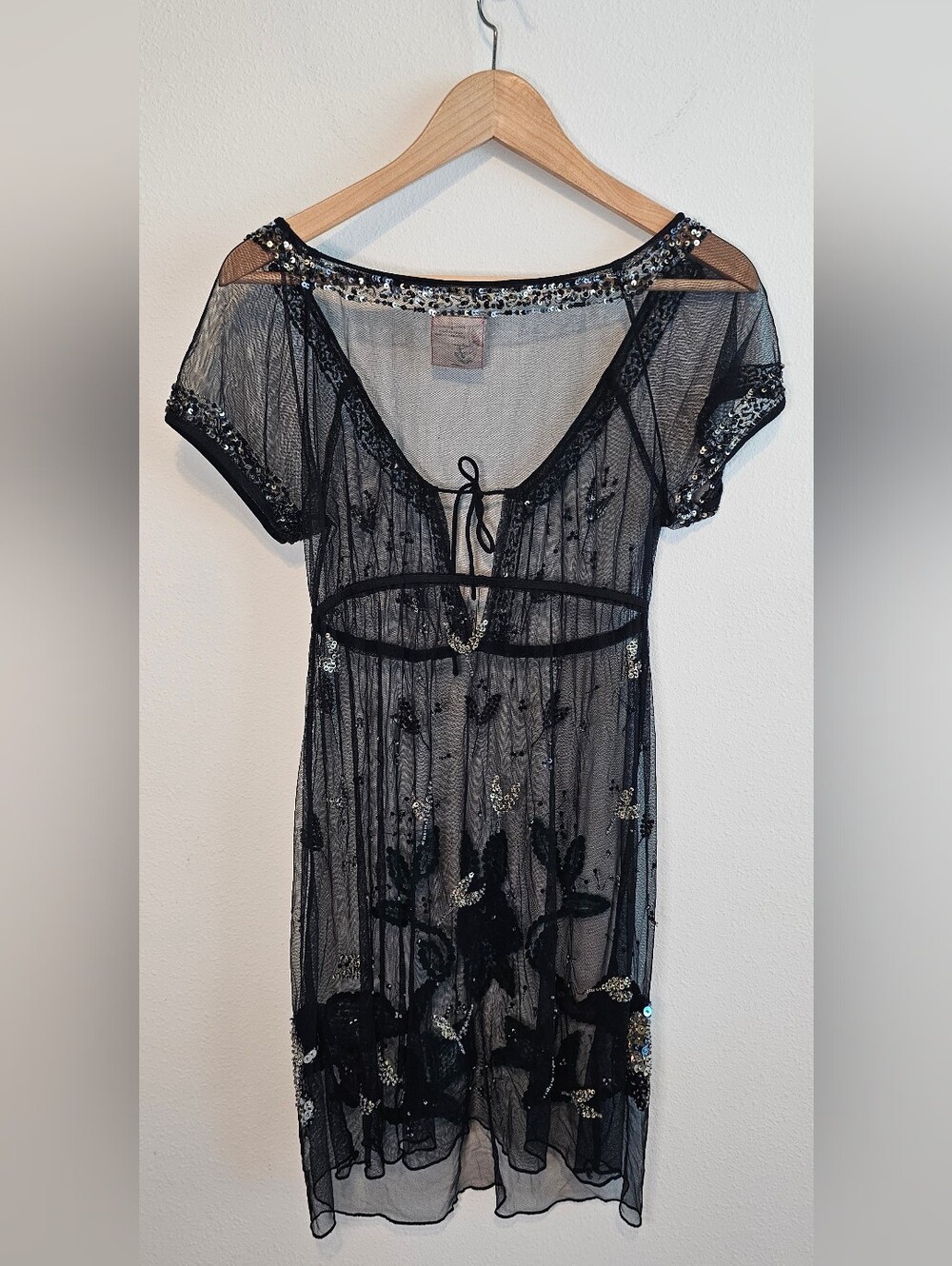 Free People Sequined Elephant Sheer Mini Dress Y2k Size 6 Festival Style - Picture 6 of 8